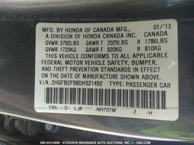 2HGFB2F98DH521492 - 2013 HONDA CIVIC EXL GRAY photo 9