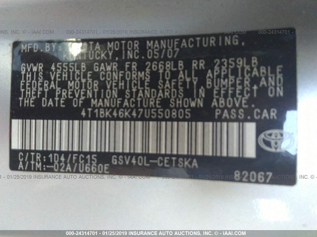 4T1BK46K47U550805 - 2007 TOYOTA CAMRY NEW GENERAT LE/XLE/SE SILVER photo 9