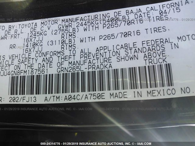 3TMJU4GN8FM187561 - 2015 TOYOTA TACOMA DOUBLE CAB PRERUNNER BLACK photo 9