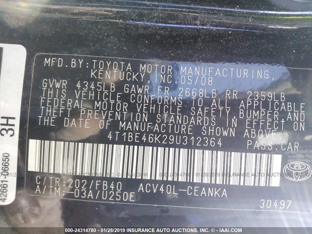 4T1BE46K29U312364 - 2009 TOYOTA CAMRY SE/LE/XLE 黑色 照片 9