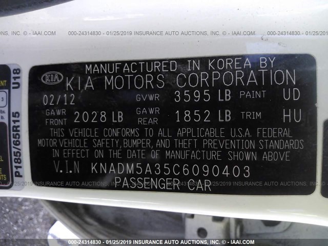 KNADM5A35C6090403 - 2012 KIA RIO LX WHITE photo 9