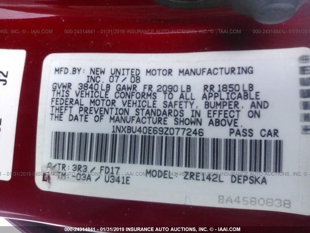 1NXBU40E69Z077246 - 2009 TOYOTA COROLLA S/LE/XLE RED photo 9