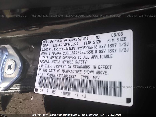 5J8TB18539A004937 - 2009 ACURA RDX TECHNOLOGY BLACK photo 9