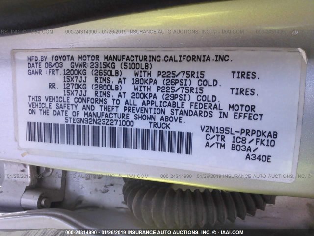 5TEGN92N23Z271000 - 2003 TOYOTA TACOMA DOUBLE CAB PRERUNNER SILVER photo 9