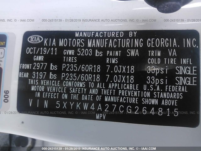 5XYKW4A27CG264815 - 2012 KIA SORENTO SX WHITE photo 9