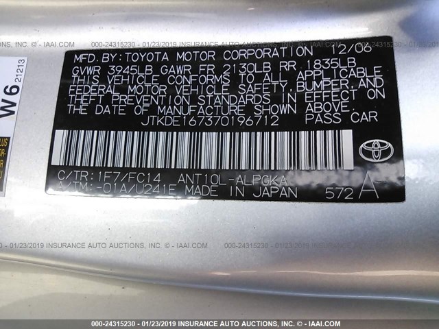 JTKDE167370196712 - 2007 TOYOTA SCION TC SILVER photo 9