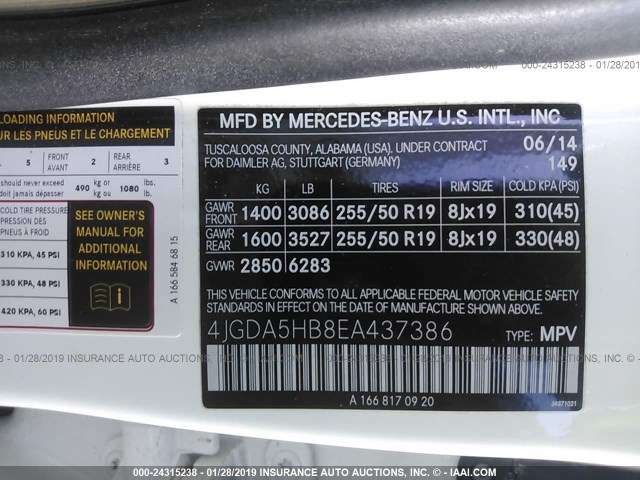 4JGDA5HB8EA437386 - 2014 MERCEDES-BENZ ML 350 4MATIC WHITE photo 9