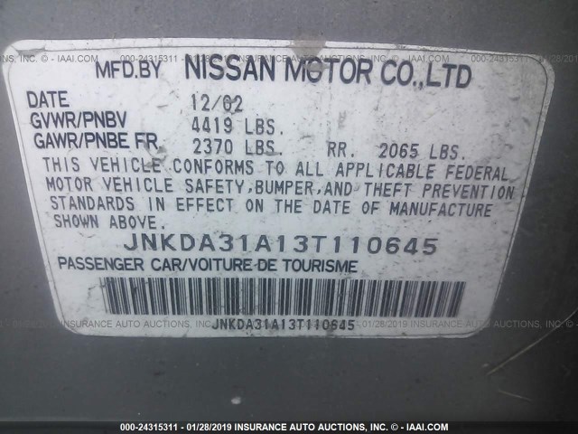 JNKDA31A13T110645 - 2003 INFINITI I35 SILVER photo 9