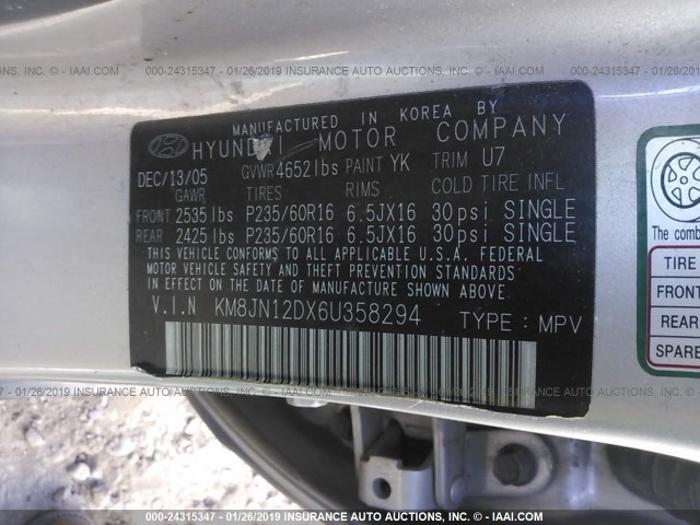 KM8JN12DX6U358294 - 2006 HYUNDAI TUCSON GLS/LIMITED 银色 照片 9