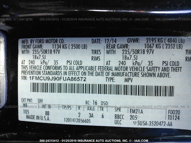 1FMCU9J90FUA86572 - 2015 FORD ESCAPE TITANIUM BLACK photo 9