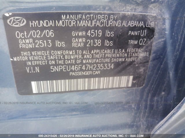 5NPEU46F47H235334 - 2007 HYUNDAI SONATA SE/LIMITED BLUE photo 9