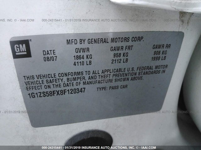 1G1ZS58FX8F120347 - 2008 CHEVROLET MALIBU LS Weiß Foto 9