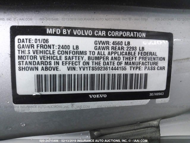 YV1TS592361444155 - 2006 VOLVO S80 2.5T SILVER photo 9