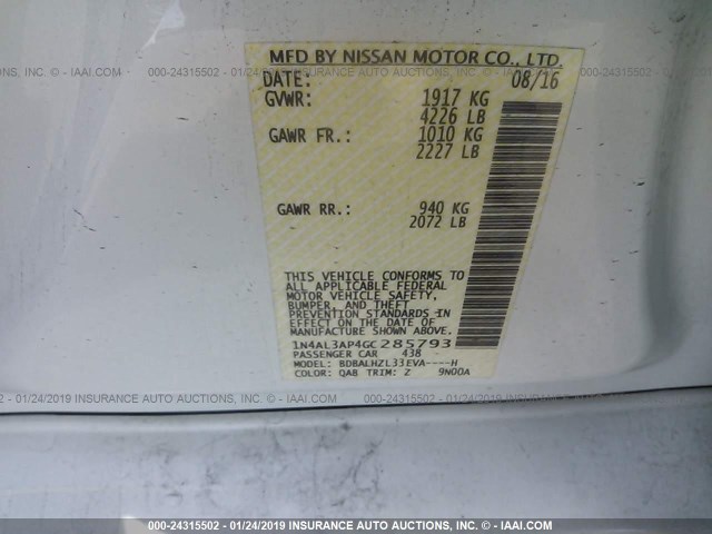 1N4AL3AP4GC285793 - 2016 NISSAN ALTIMA 2.5/S/SV/SL/SR WHITE photo 9