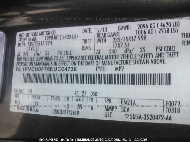 1FMCU0F76EUC04738 - 2014 FORD ESCAPE S GRAY photo 9