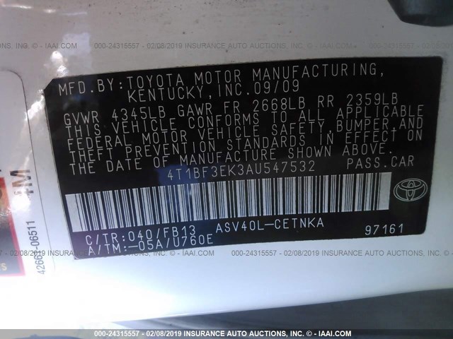 4T1BF3EK3AU547532 - 2010 TOYOTA CAMRY SE/LE/XLE 白色 照片 9