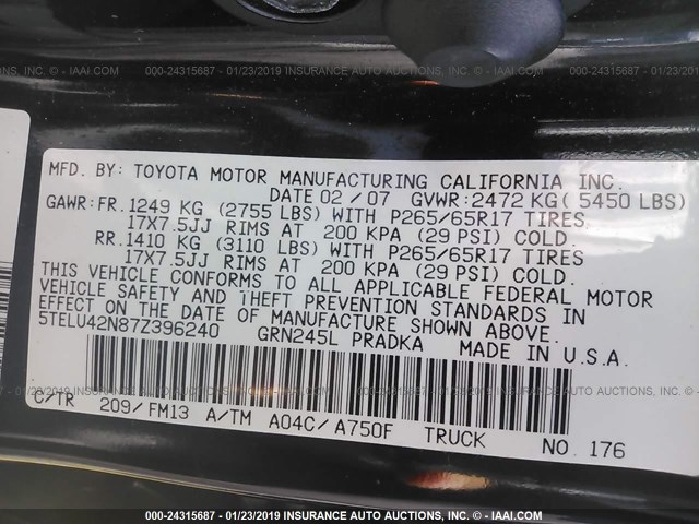 5TELU42N87Z396240 - 2007 TOYOTA TACOMA DOUBLE CAB 黑色 照片 9