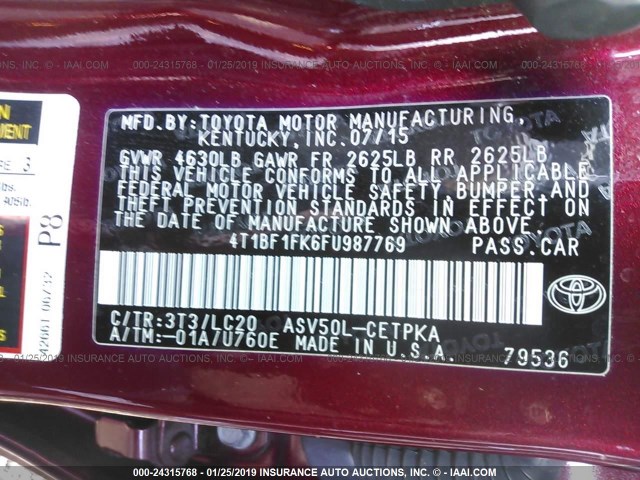 4T1BF1FK6FU987769 - 2015 TOYOTA CAMRY LE/XLE/SE/XSE RED photo 9
