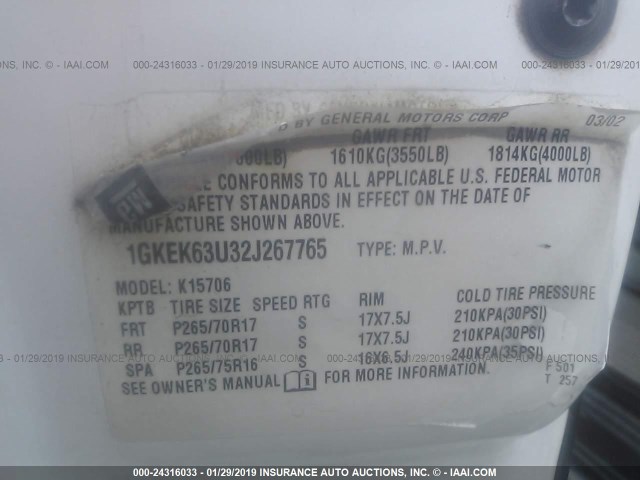 1GKEK63U32J267765 - 2002 GMC DENALI WHITE photo 9