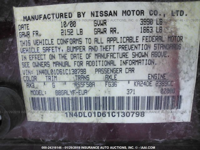 1N4DL01D61C130798 - 2001 NISSAN ALTIMA XE/GXE/SE RED photo 9
