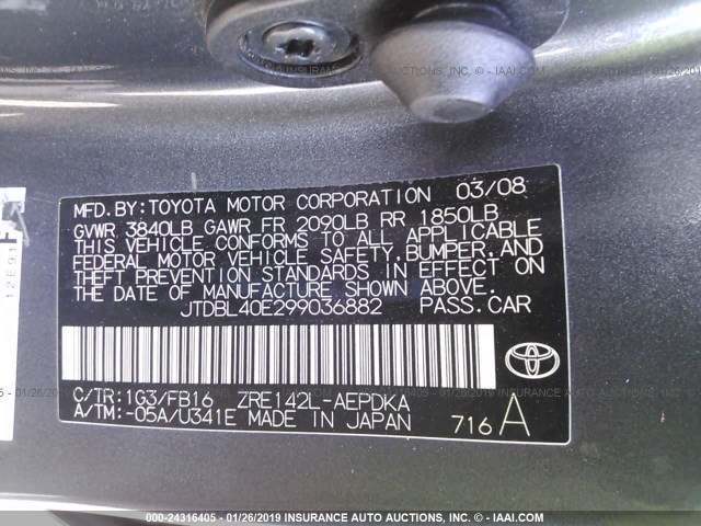 JTDBL40E299036882 - 2009 TOYOTA COROLLA LE/XLE GRAY photo 9