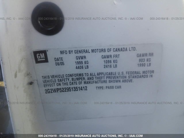 2G2WP522951351412 - 2005 PONTIAC GRAND PRIX WHITE photo 9