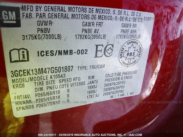 3GCEK13M47G501807 - 2007 CHEVROLET SILVERADO K1500 CREW CAB RED photo 9