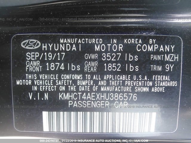 KMHCT4AEXHU386576 - 2017 HYUNDAI ACCENT SE BLACK photo 9