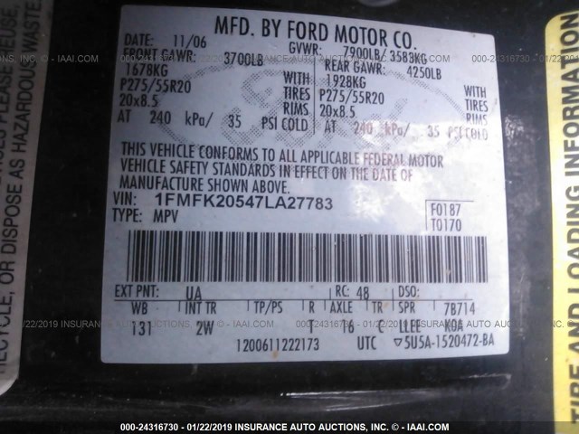 1FMFK20547LA27783 - 2007 FORD EXPEDITION BLACK photo 9