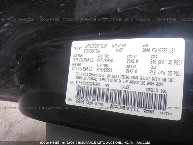 1D7HA18247S246694 - 2007 DODGE RAM 1500 ST/SLT BLACK photo 9