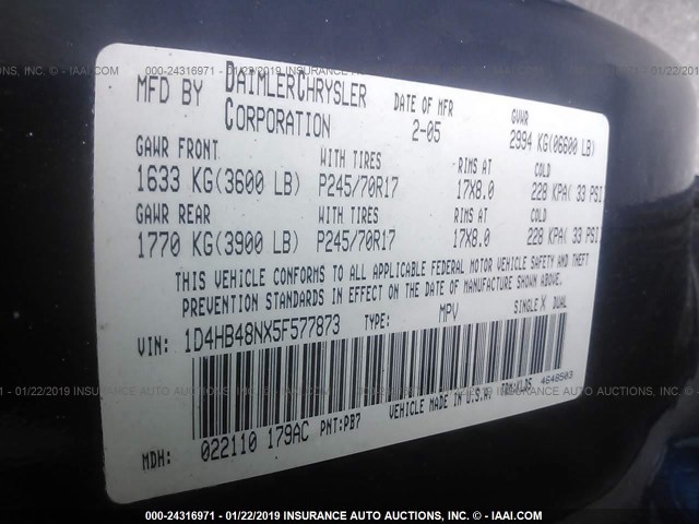 1D4HB48NX5F577873 - 2005 DODGE DURANGO SLT BLUE photo 9