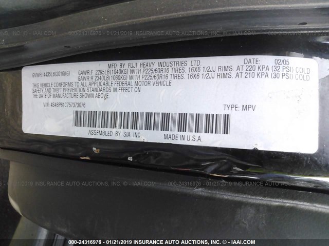 4S4BP61C757373076 - 2005 SUBARU LEGACY OUTBACK 2.5I BLACK photo 9