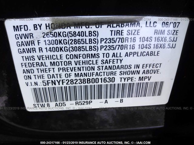 5FNYF28238B001630 - 2008 HONDA PILOT VP PURPLE photo 9