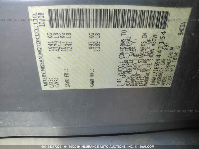 1N4AL21E69N441154 - 2009 NISSAN ALTIMA GRAY photo 9