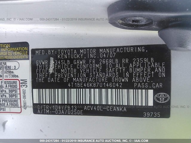 4T1BE46K87U146042 - 2007 TOYOTA CAMRY NEW GENERAT CE/LE/XLE/SE SILVER photo 9