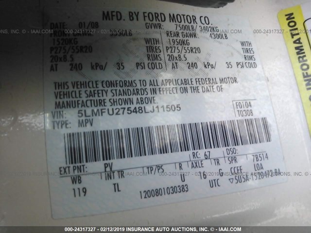 5LMFU27548LJ11505 - 2008 LINCOLN NAVIGATOR WHITE photo 9