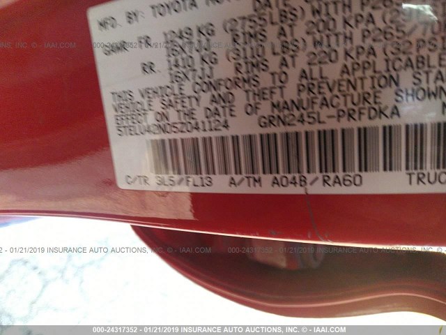 5TELU42N05Z041124 - 2005 TOYOTA TACOMA DOUBLE CAB 红色 照片 9