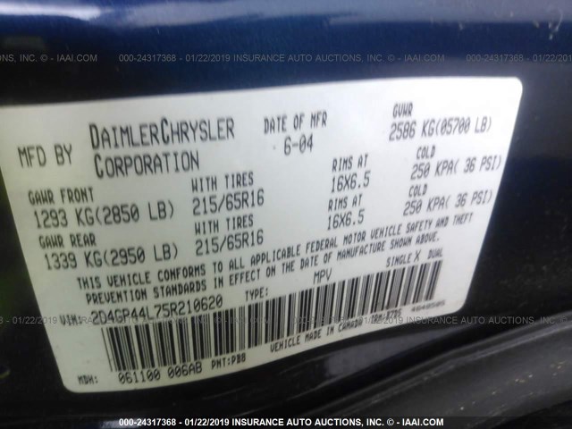 2D4GP44L75R210620 - 2005 DODGE GRAND CARAVAN SXT Azul foto 9