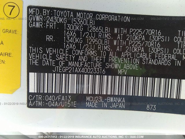 JTEGP21AX40023316 - 2004 TOYOTA HIGHLANDER LIMITED WHITE photo 9