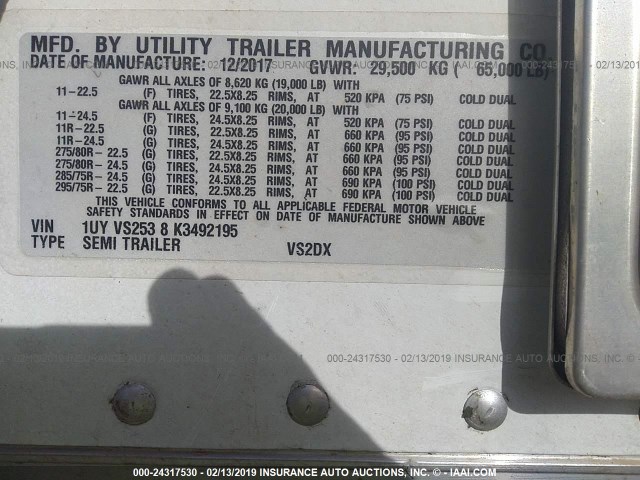 1UYVS2538K3492195 - 2019 UTILITY TRAILER MFG VAN  Unknown photo 9