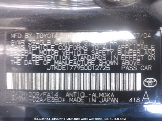 JTKDE177950012725 - 2005 TOYOTA SCION TC შავი ფოტო 9