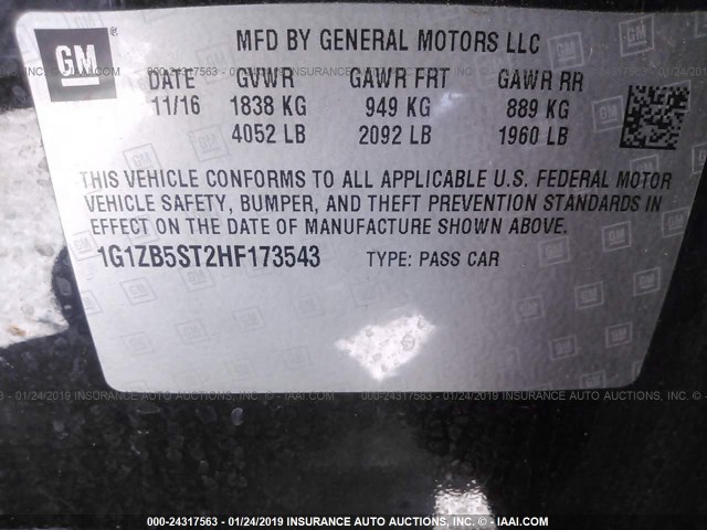 1G1ZB5ST2HF173543 - 2017 CHEVROLET MALIBU LS BLACK photo 9