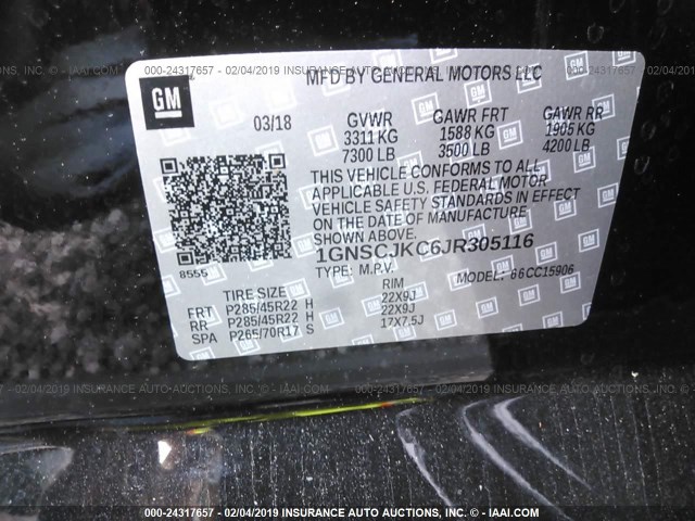 1GNSCJKC6JR305116 - 2018 CHEVROLET SUBURBAN C1500 PREMIER BLACK photo 9