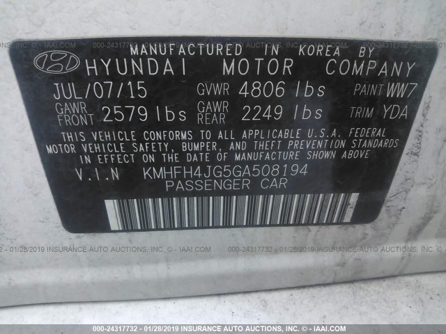 KMHFH4JG5GA508194 - 2016 HYUNDAI AZERA LIMITED WHITE photo 9