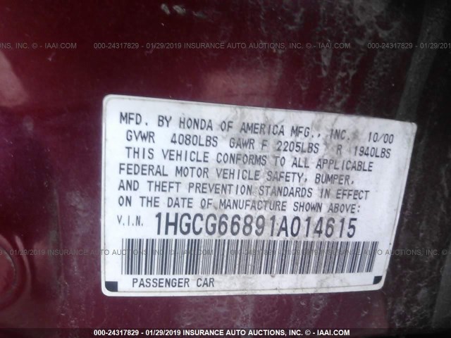 1HGCG66891A014615 - 2001 HONDA ACCORD EX RED photo 9