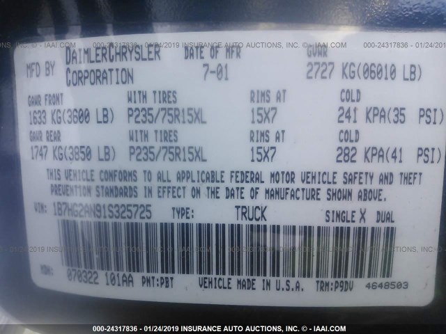 1B7HG2AN91S325725 - 2001 DODGE DAKOTA QUAD BLUE photo 9