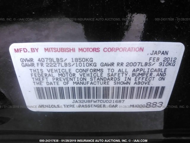 JA32U8FW7CU021687 - 2012 MITSUBISHI LANCER GT BLACK photo 9