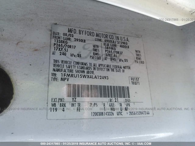 1FMRU15WX4LA12493 - 2004 FORD EXPEDITION XLT WHITE photo 9