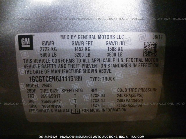 1GCGTCEN6J1115189 - 2018 CHEVROLET COLORADO LT GRAY photo 9