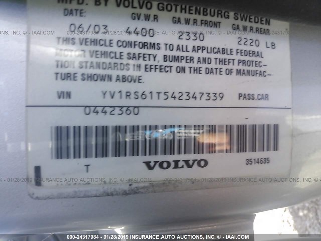 YV1RS61T542347339 - 2004 VOLVO S60 SILVER photo 9